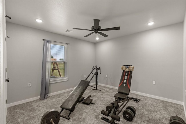 13865 State Highway 116, Colcord, OK 74338 - exercise area featuring ceiling fan, carpet, recessed lighting, and baseboards