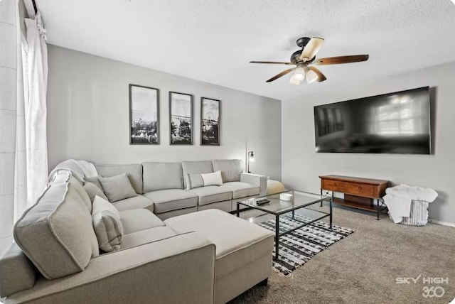 1500 Linwood Cir, Bentonville, AR 72712 - carpeted living room with a ceiling fan, a textured ceiling, and baseboards