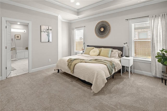 120 Bequette Ln, Centerton, AR 72719 - bedroom with carpet, crown molding, baseboards, recessed lighting, and a raised ceiling