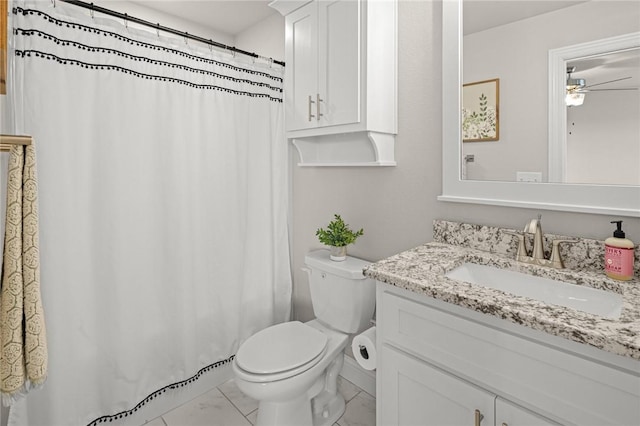120 Bequette Ln, Centerton, AR 72719 - bathroom with toilet, vanity, ceiling fan, and curtained shower