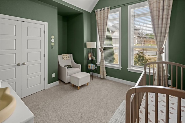 120 Bequette Ln, Centerton, AR 72719 - carpeted bedroom with multiple windows, baseboards, a closet, and lofted ceiling
