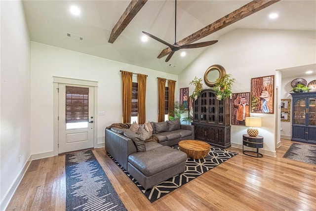 852 Round Top St, Prairie Grove, AR 72753 - living room with beam ceiling, wood finished floors, ceiling fan, baseboards, and high vaulted ceiling