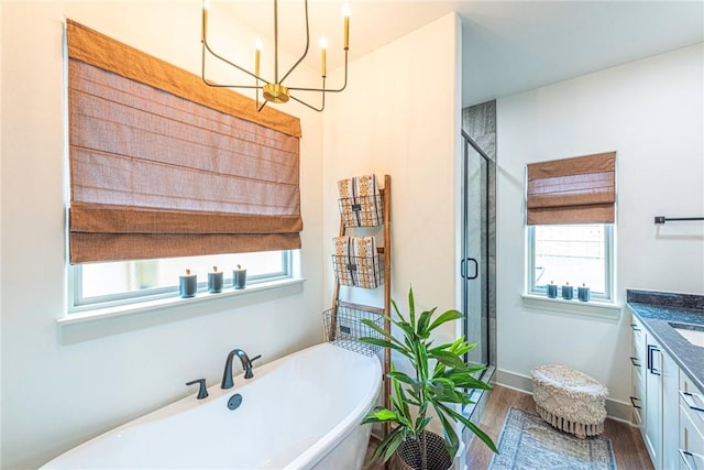 852 Round Top St, Prairie Grove, AR 72753 - bathroom featuring plenty of natural light, a stall shower, a chandelier, and wood finished floors