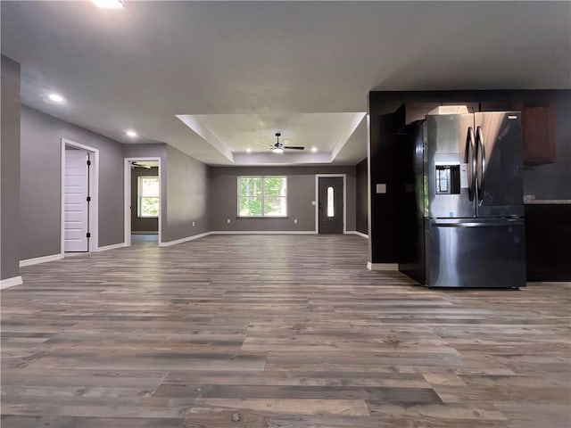 2103 Highland Ct, Dardanelle, AR 72834 - kitchen with stainless steel fridge with ice dispenser, ceiling fan, wood finished floors, and recessed lighting