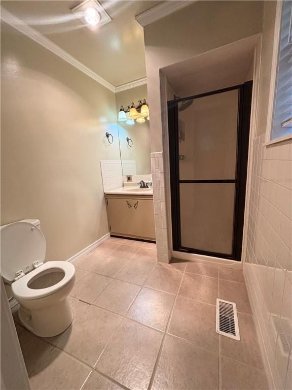 1010 Sherman Ave, Harrison, AR 72601 - bathroom featuring tile walls, crown molding, tile patterned flooring, a stall shower, and vanity