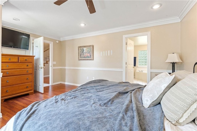 4730 Woodside Ln, Springdale, AR 72762 - bedroom with ornamental molding, wood finished floors, baseboards, ensuite bathroom, and recessed lighting