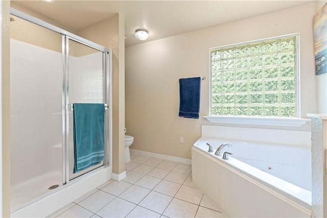 4730 Woodside Ln, Springdale, AR 72762 - full bath featuring a shower stall, a tub with jets, toilet, tile patterned floors, and baseboards