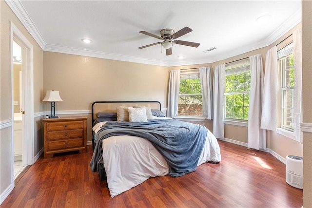 4730 Woodside Ln, Springdale, AR 72762 - bedroom featuring dark wood-style floors, crown molding, ceiling fan, baseboards, and recessed lighting