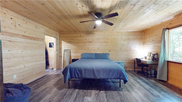 104 NE Deer Ridge Rd, Gravette, AR 72736 - bedroom featuring wooden ceiling, wood walls, wood finished floors, and ceiling fan