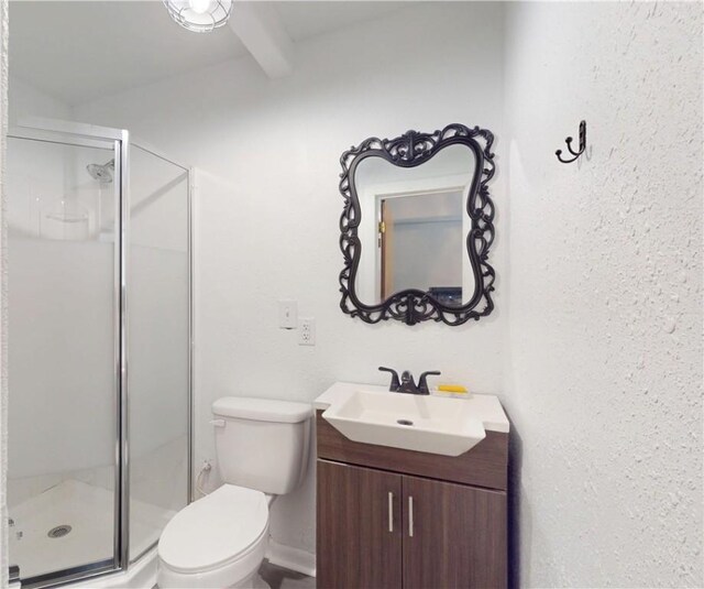 104 NE Deer Ridge Rd, Gravette, AR 72736 - full bathroom featuring a stall shower, vanity, toilet, and beamed ceiling