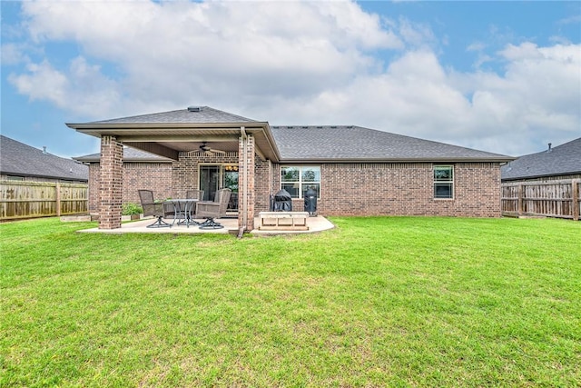 1805 SW Birch St, Bentonville, AR 72713 - back of house featuring a ceiling fan, brick siding, a patio, and roof with shingles