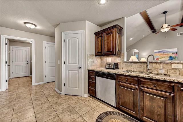 1805 SW Birch St, Bentonville, AR 72713 - kitchen with a sink, dishwasher, backsplash, a ceiling fan, and light tile patterned flooring