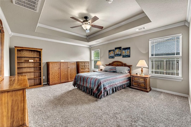 1805 SW Birch St, Bentonville, AR 72713 - bedroom featuring a tray ceiling, carpet floors, crown molding, ceiling fan, and baseboards
