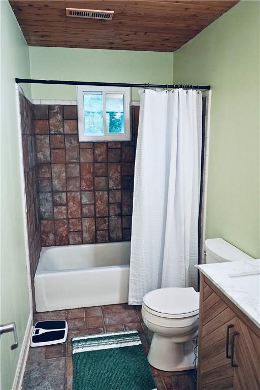1211 N Mission Blvd, Fayetteville, AR 72701 - bathroom with vanity, wooden ceiling, and shower / tub combo with curtain