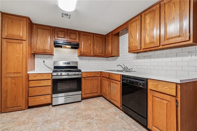 12549 Little Elm Rd, Farmington, AR 72730 - kitchen featuring black dishwasher, stainless steel gas range, under cabinet range hood, a sink, and brown cabinets