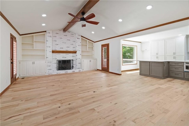 1640 N Boston Pl, Fayetteville, AR 72703 - unfurnished living room featuring baseboards, ceiling fan, light wood-style flooring, a fireplace, and recessed lighting