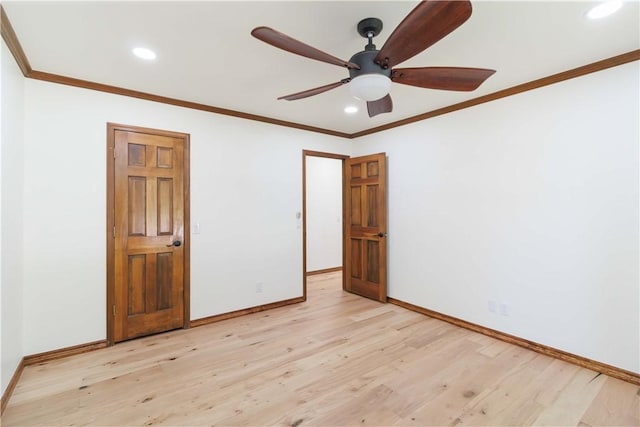 1640 N Boston Pl, Fayetteville, AR 72703 - empty room with light wood-style flooring, baseboards, recessed lighting, ornamental molding, and ceiling fan