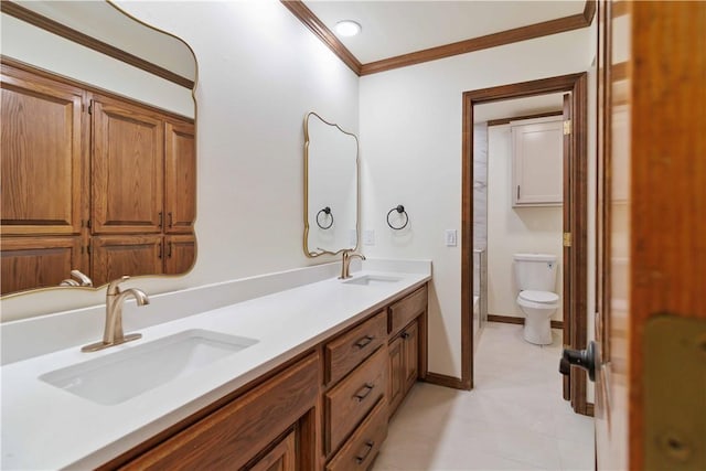 1640 N Boston Pl, Fayetteville, AR 72703 - bathroom featuring crown molding, toilet, double vanity, tile patterned floors, and baseboards