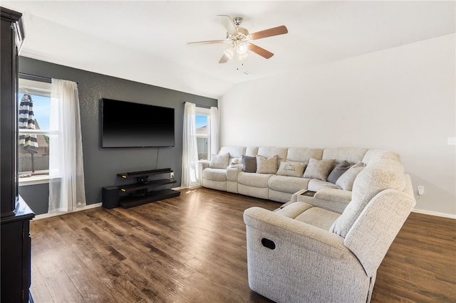 2405 Maplewood Ave, Lowell, AR 72745 - living room featuring ceiling fan, wood finished floors, healthy amount of natural light, vaulted ceiling, and baseboards
