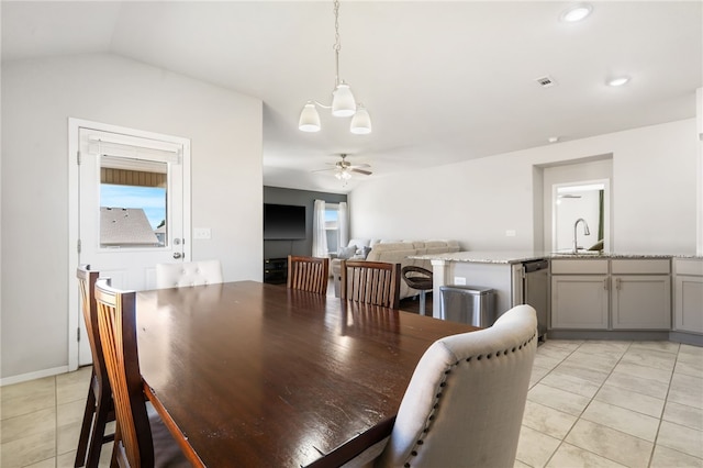 2405 Maplewood Ave, Lowell, AR 72745 - dining space with a ceiling fan, light tile patterned floors, lofted ceiling, and recessed lighting