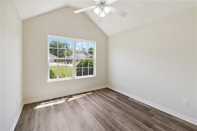 603 Highland Ct, Siloam Springs, AR 72761 - spare room with wood finished floors, ceiling fan, baseboards, and vaulted ceiling