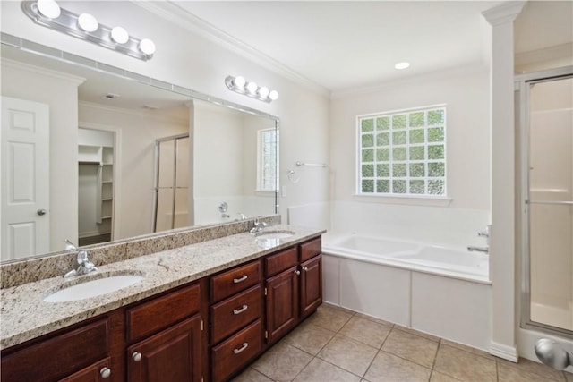 603 Highland Ct, Siloam Springs, AR 72761 - full bathroom with a stall shower, a bath, double vanity, ornamental molding, and tile patterned floors