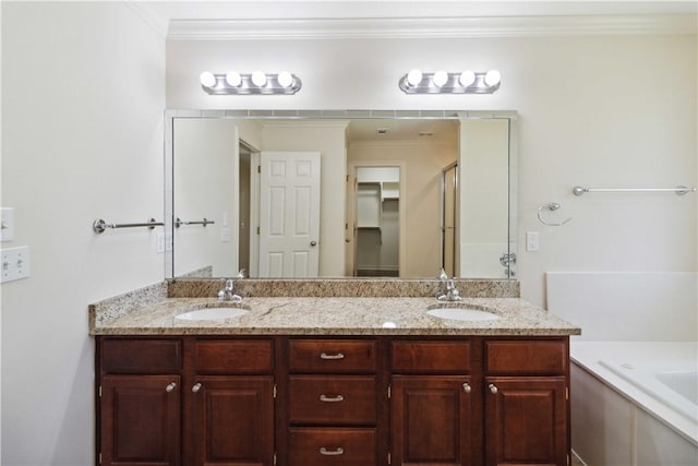 603 Highland Ct, Siloam Springs, AR 72761 - full bath featuring a bath, double vanity, ornamental molding, and a shower stall
