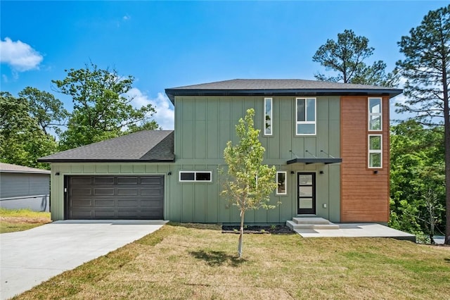 2 Brightling Ln, Bella Vista, AR 72715 - view of front of house featuring board and batten siding, a garage, concrete driveway, roof with shingles, and a front lawn