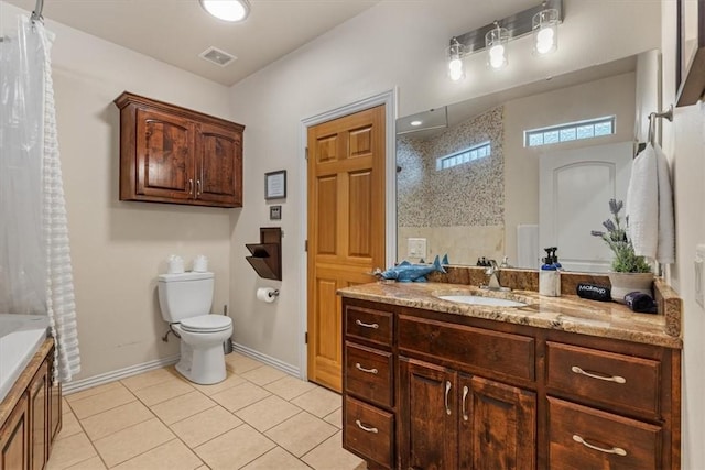 15100 Railroad Cut Rd, Rogers, AR 72756 - full bath with curtained shower, toilet, vanity, and tile patterned flooring