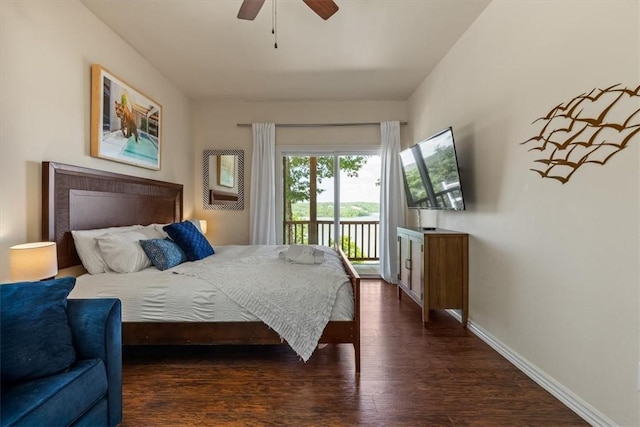 15100 Railroad Cut Rd, Rogers, AR 72756 - bedroom featuring access to exterior, dark wood finished floors, baseboards, and ceiling fan