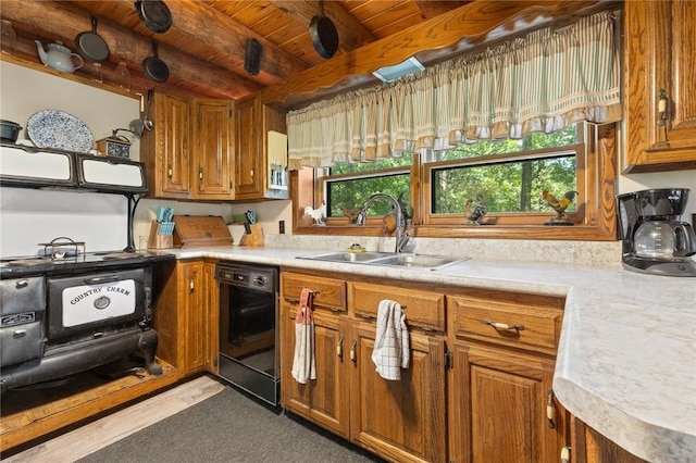 5287 Forgeson Rd, Harrison, AR 72601 - kitchen with dishwasher, a sink, brown cabinetry, light countertops, and wood ceiling with exposed beams