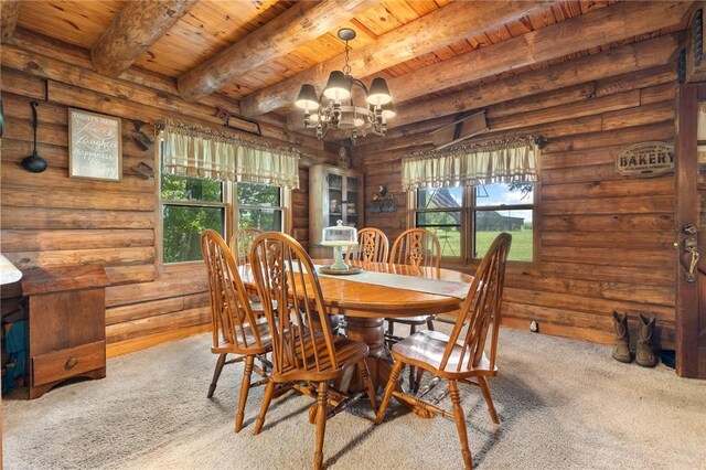 5287 Forgeson Rd, Harrison, AR 72601 - carpeted dining area with wood ceiling with exposed beams, a chandelier, and rustic walls