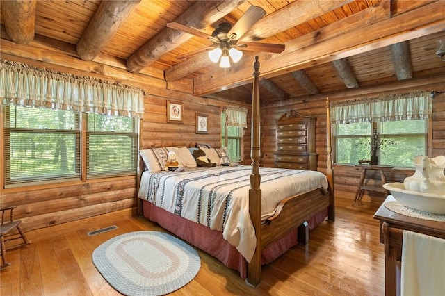 5287 Forgeson Rd, Harrison, AR 72601 - bedroom featuring wooden ceiling with exposed beams, rustic walls, and hardwood / wood-style floors