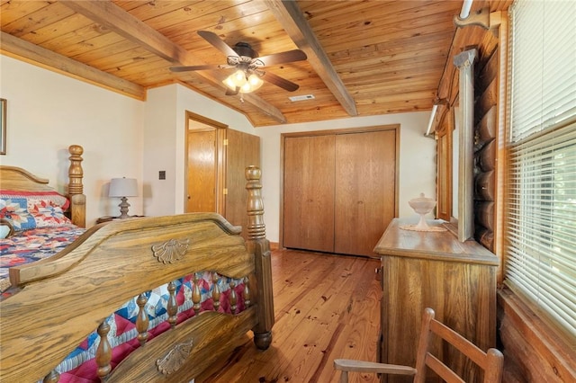 5287 Forgeson Rd, Harrison, AR 72601 - bedroom featuring wood ceiling, light wood-style flooring, a closet, and ceiling fan
