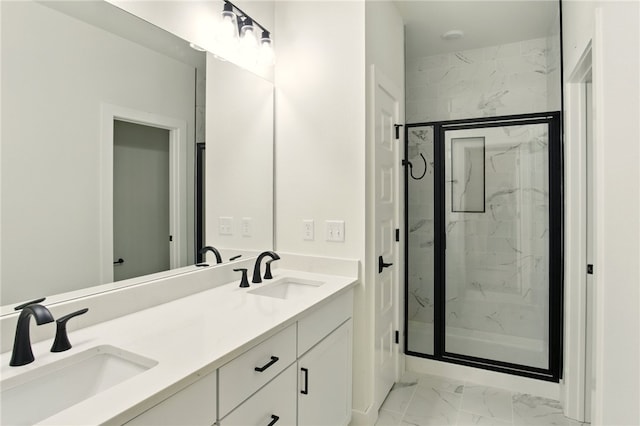 4551 Gibson St, Springdale, AR 72762 - bathroom featuring marble look tiles, a marble finish shower, and double vanity