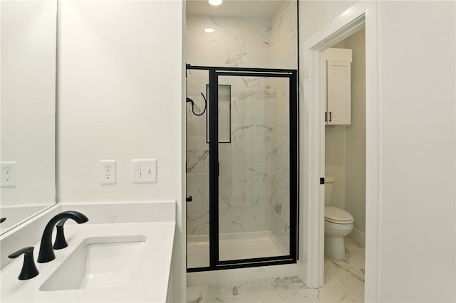 4551 Gibson St, Springdale, AR 72762 - bathroom featuring marble finish floors, toilet, a marble finish shower, and vanity