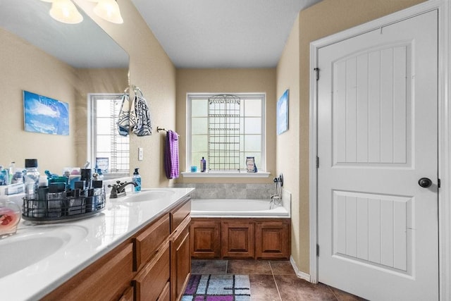 4007 W Song Bird Pl, Fayetteville, AR 72704 - full bathroom with tile patterned flooring, a garden tub, and double vanity