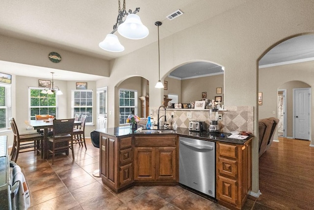4007 W Song Bird Pl, Fayetteville, AR 72704 - kitchen featuring stainless steel dishwasher, a sink, brown cabinetry, hanging light fixtures, and crown molding