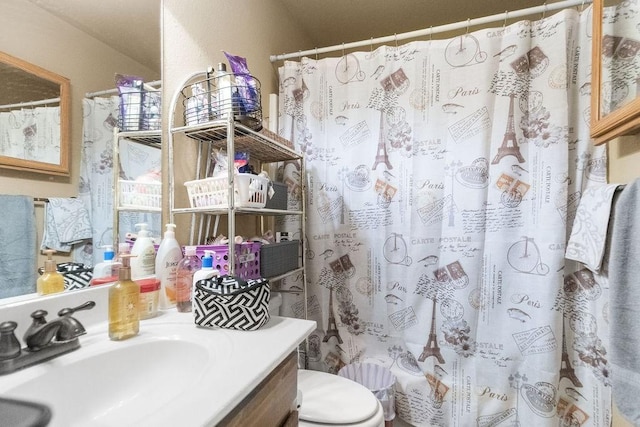 4007 W Song Bird Pl, Fayetteville, AR 72704 - bathroom featuring toilet, vanity, and a shower with shower curtain
