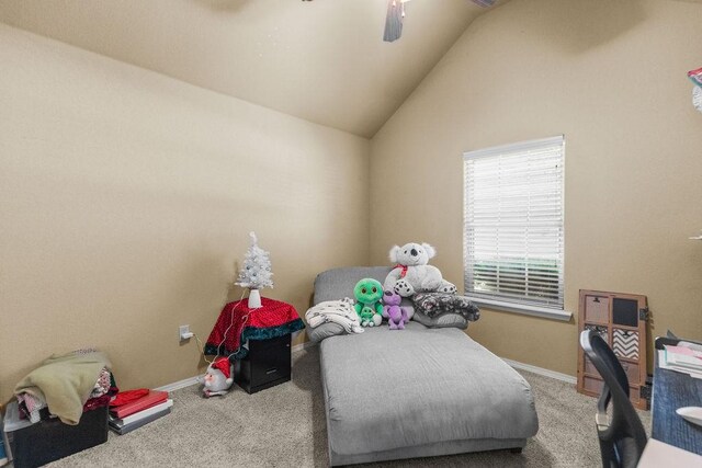 4007 W Song Bird Pl, Fayetteville, AR 72704 - bedroom featuring carpet flooring, lofted ceiling, baseboards, and a ceiling fan
