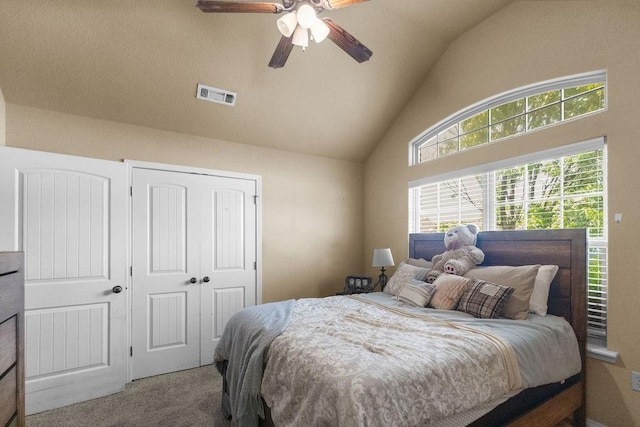 4007 W Song Bird Pl, Fayetteville, AR 72704 - carpeted bedroom with a closet, high vaulted ceiling, and a ceiling fan