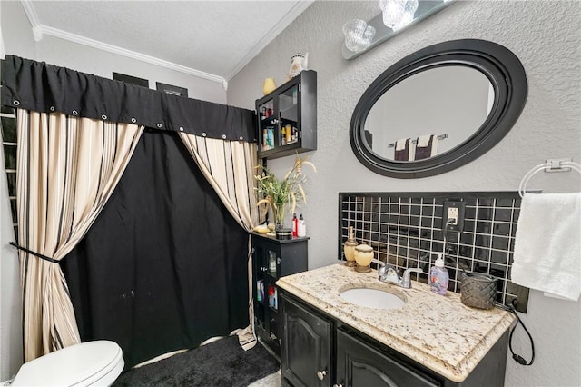1480 Dallas St, Gravette, AR 72736 - bathroom with crown molding, backsplash, vanity, toilet, and a textured wall