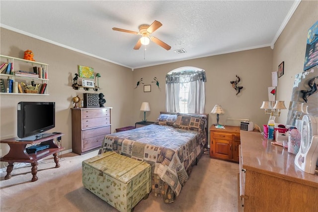1480 Dallas St, Gravette, AR 72736 - bedroom featuring light colored carpet, crown molding, ceiling fan, and a textured ceiling