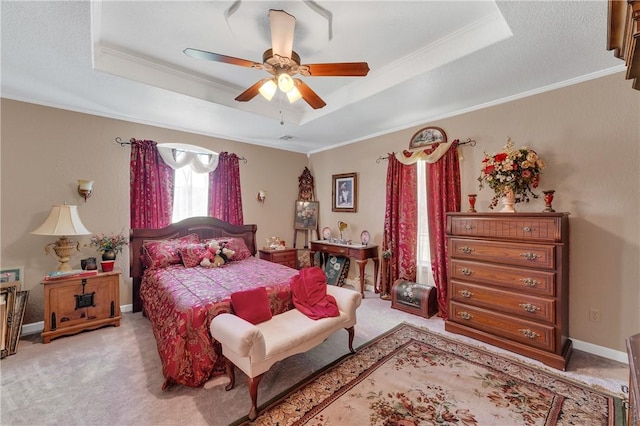 1480 Dallas St, Gravette, AR 72736 - bedroom with a raised ceiling, light colored carpet, crown molding, baseboards, and ceiling fan