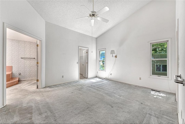 22 Marina Cir, Bella Vista, AR 72715 - unfurnished bedroom featuring a textured ceiling, multiple windows, carpet, high vaulted ceiling, and ensuite bathroom