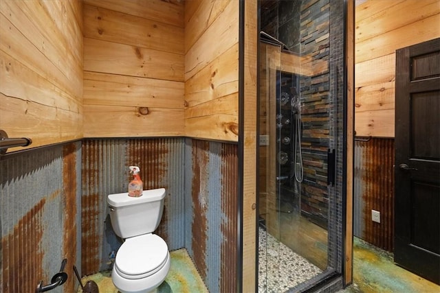 1699 E Bowen Blvd, Fayetteville, AR 72703 - bathroom with a stall shower, wood walls, and toilet