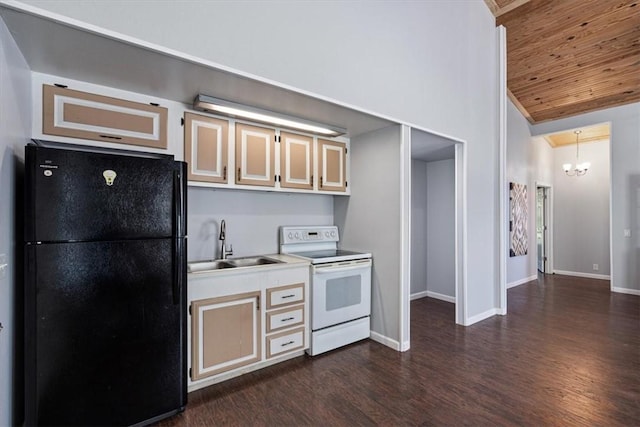 3139 Madison Unit 2405, Huntsville, AR 72740 - kitchen featuring freestanding refrigerator, white electric range oven, wood ceiling, a chandelier, and dark wood finished floors