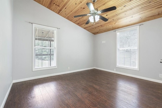 3139 Madison Unit 2405, Huntsville, AR 72740 - empty room with wooden ceiling, vaulted ceiling, dark wood finished floors, and ceiling fan