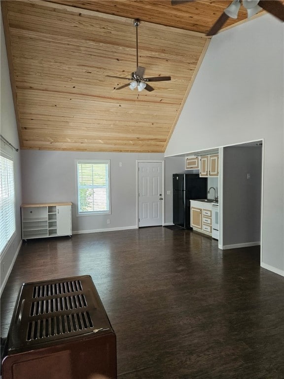 3139 Madison Unit 2405, Huntsville, AR 72740 - unfurnished living room with wooden ceiling, a ceiling fan, plenty of natural light, high vaulted ceiling, and dark wood-style floors