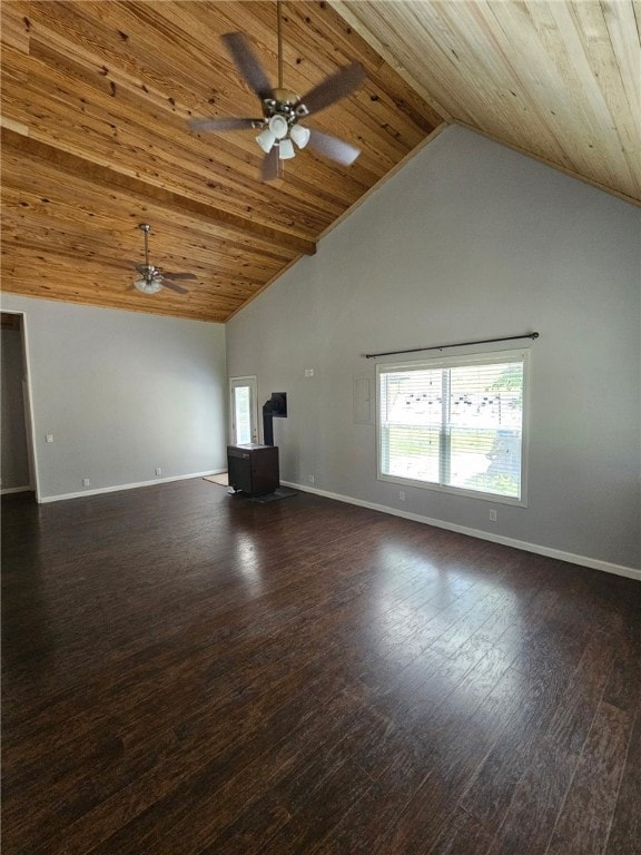 3139 Madison Unit 2405, Huntsville, AR 72740 - unfurnished living room with ceiling fan, wooden ceiling, high vaulted ceiling, and dark wood-style floors
